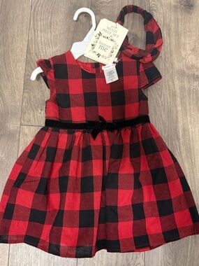 Forever Inc Girls' Red and Black Buffalo Plaid Velvet Bow Dress with Headband